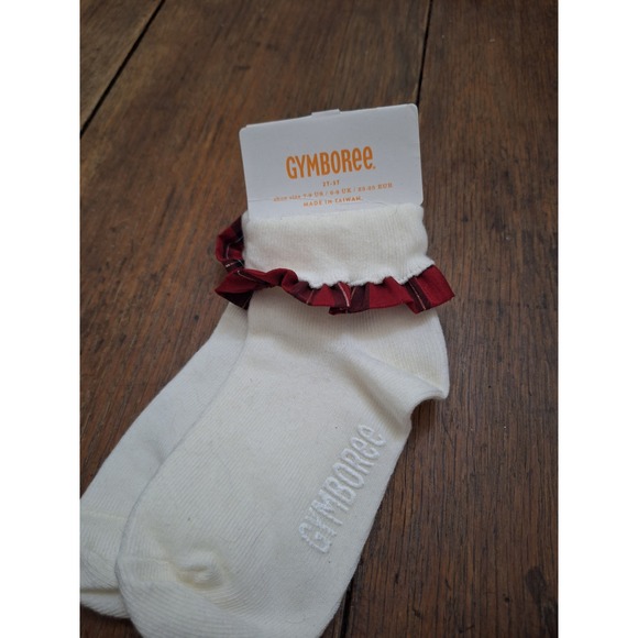 Gymboree Other - Gymboree Girls Ivory White Ankle Socks Red Plaid Ruffle Trim Gold Metallic 2T-3T